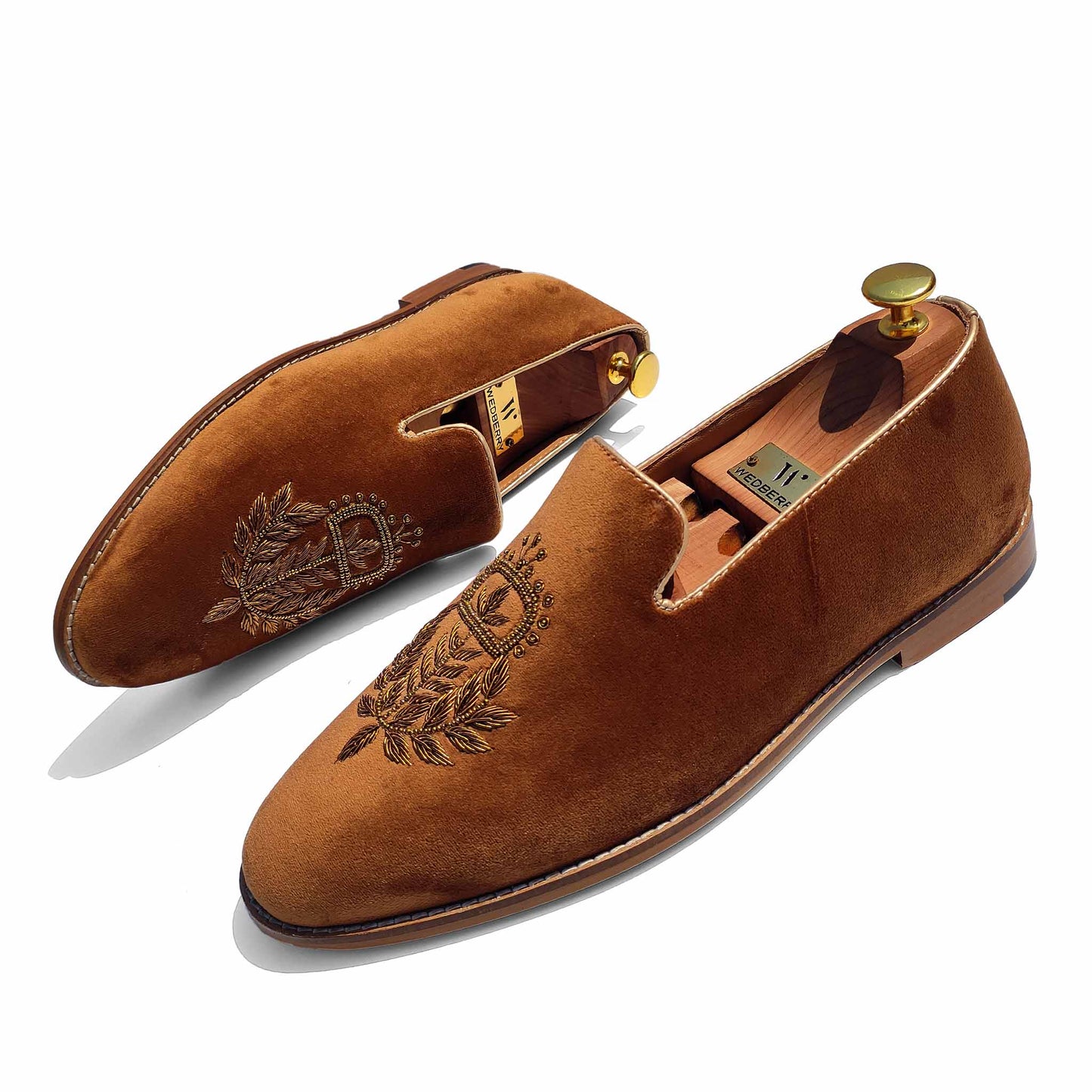 Tan Velvet Zardozi Wedding Ethnic Party Shoes Loafer for Men