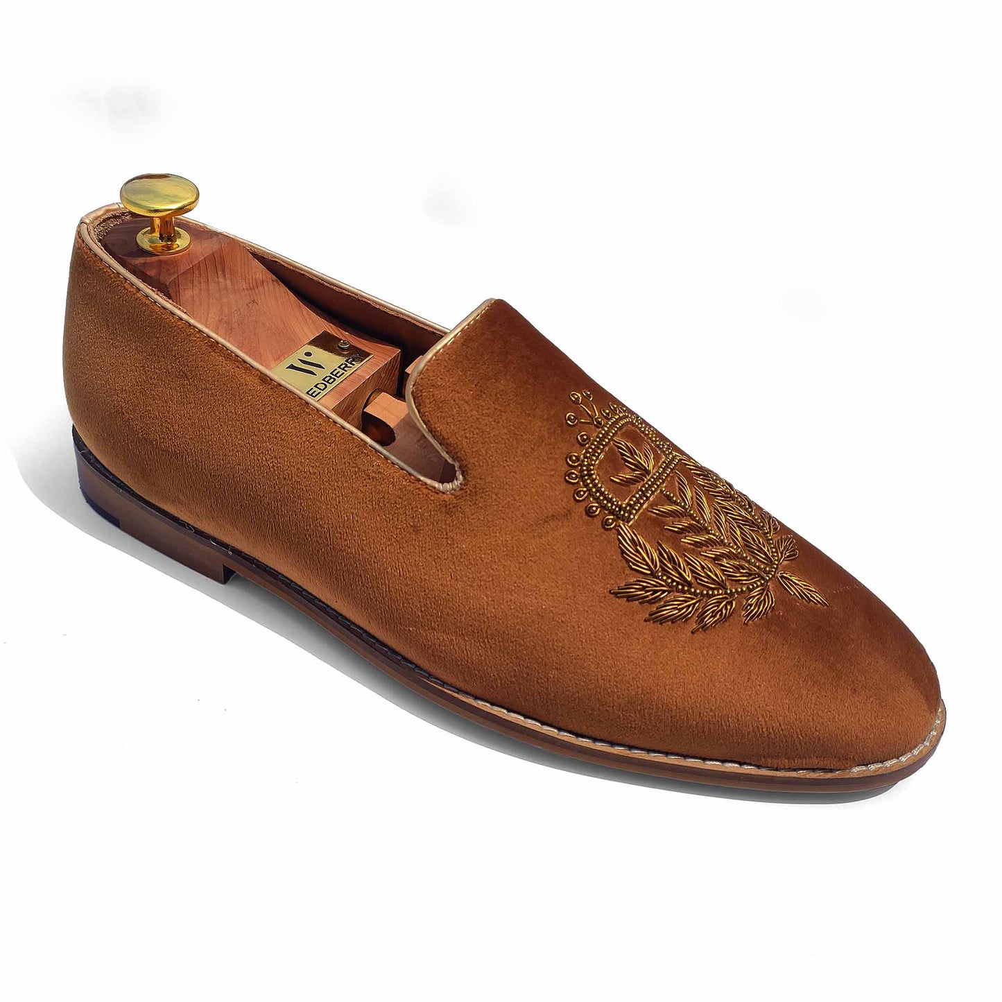 Tan Velvet Zardozi Wedding Ethnic Party Shoes Loafer for Men