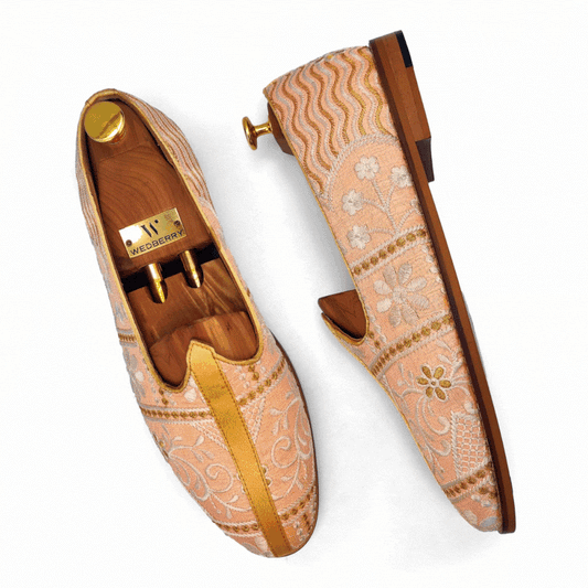 Pink Peach Embroidery Wedding Ethnic Nagra Mojri Loafer for Men
