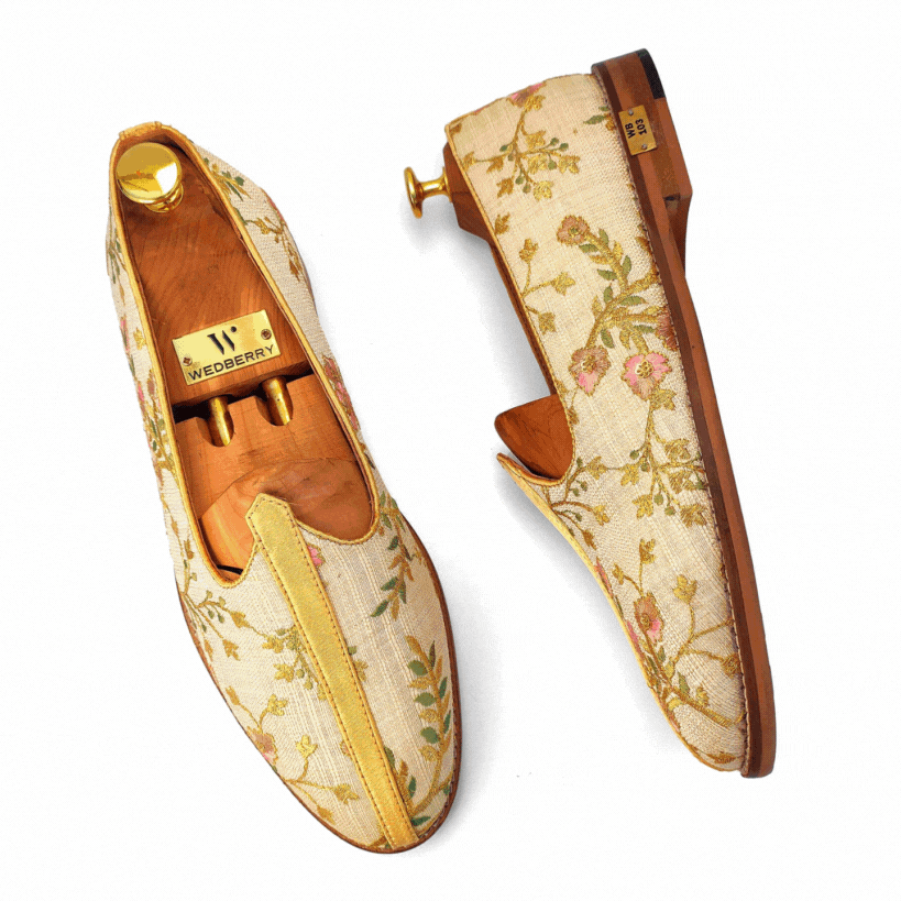 Biege and Multi Color Matching Nagra Mojri Loafer for Men