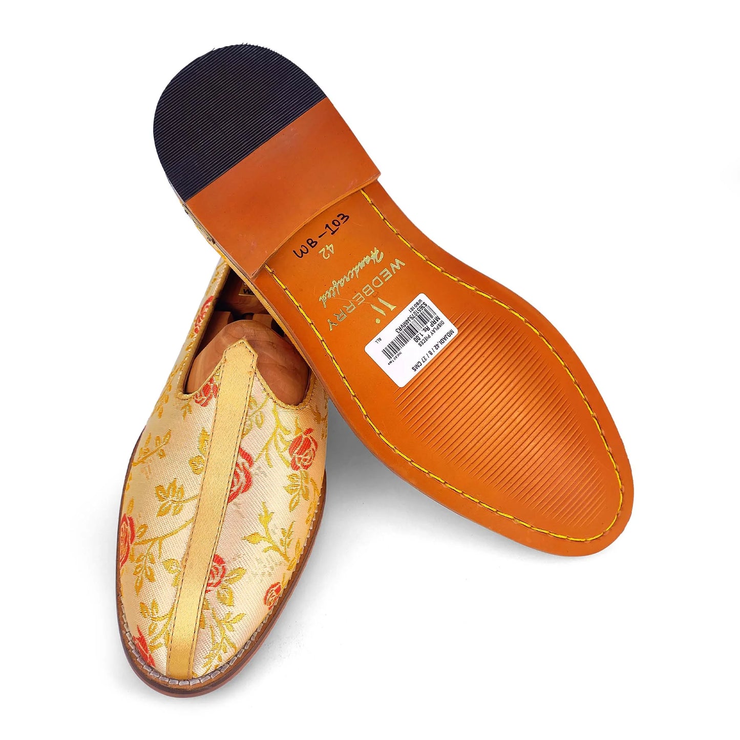 Beige Cherry Rose Wedding Ethnic Shoes Nagra Mojri Loafer for Men