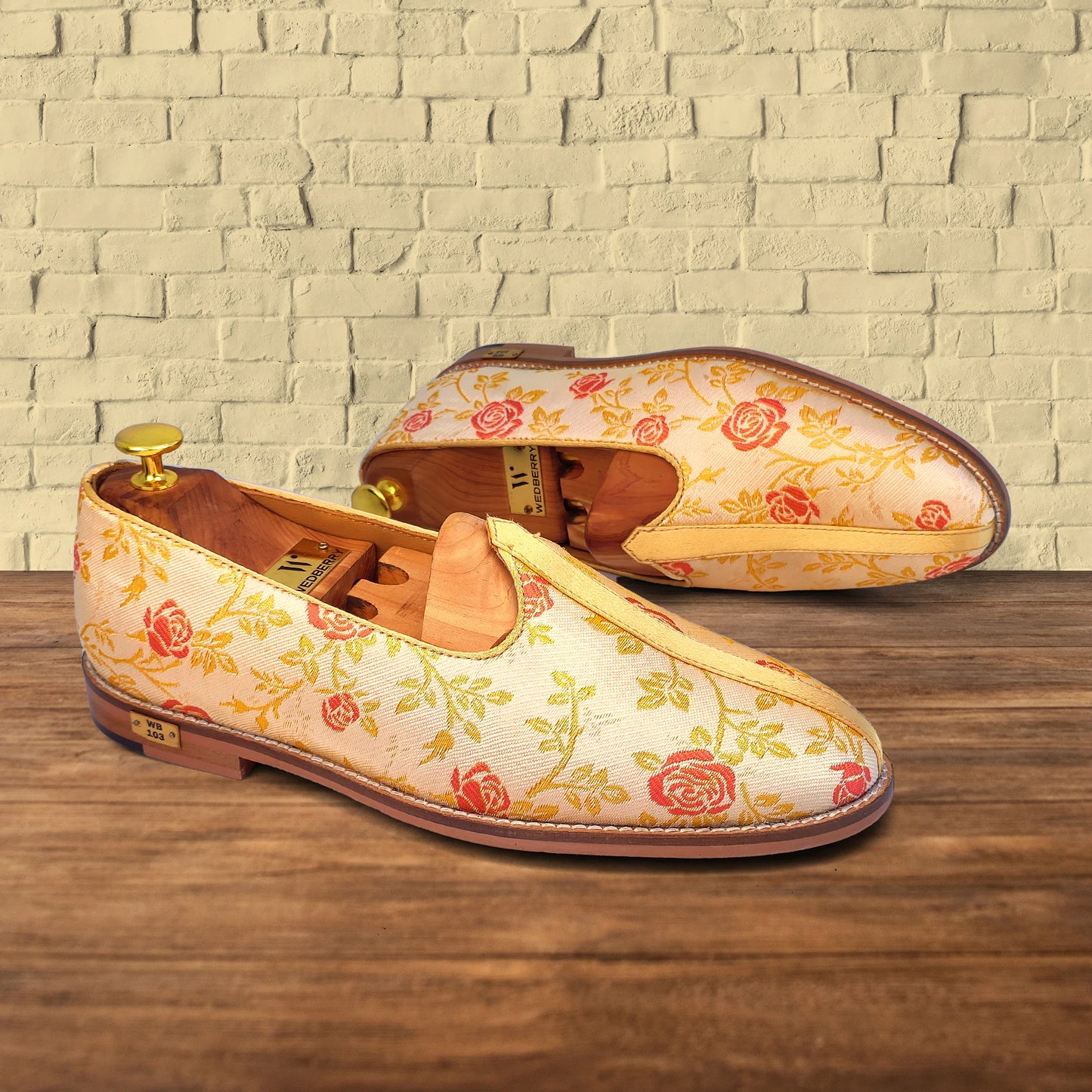 Beige Cherry Rose Wedding Ethnic Shoes Nagra Mojri Loafer for Men