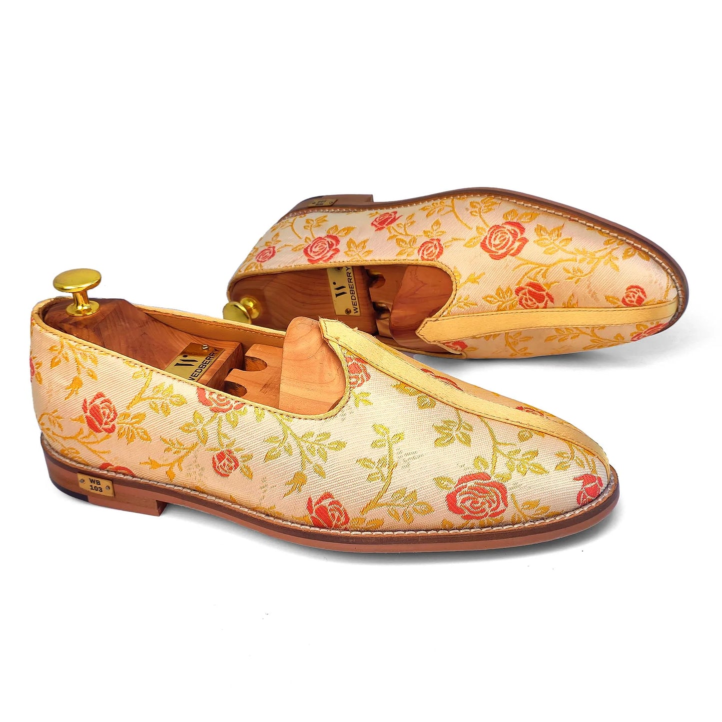 Beige Cherry Rose Wedding Ethnic Shoes Nagra Mojri Loafer for Men