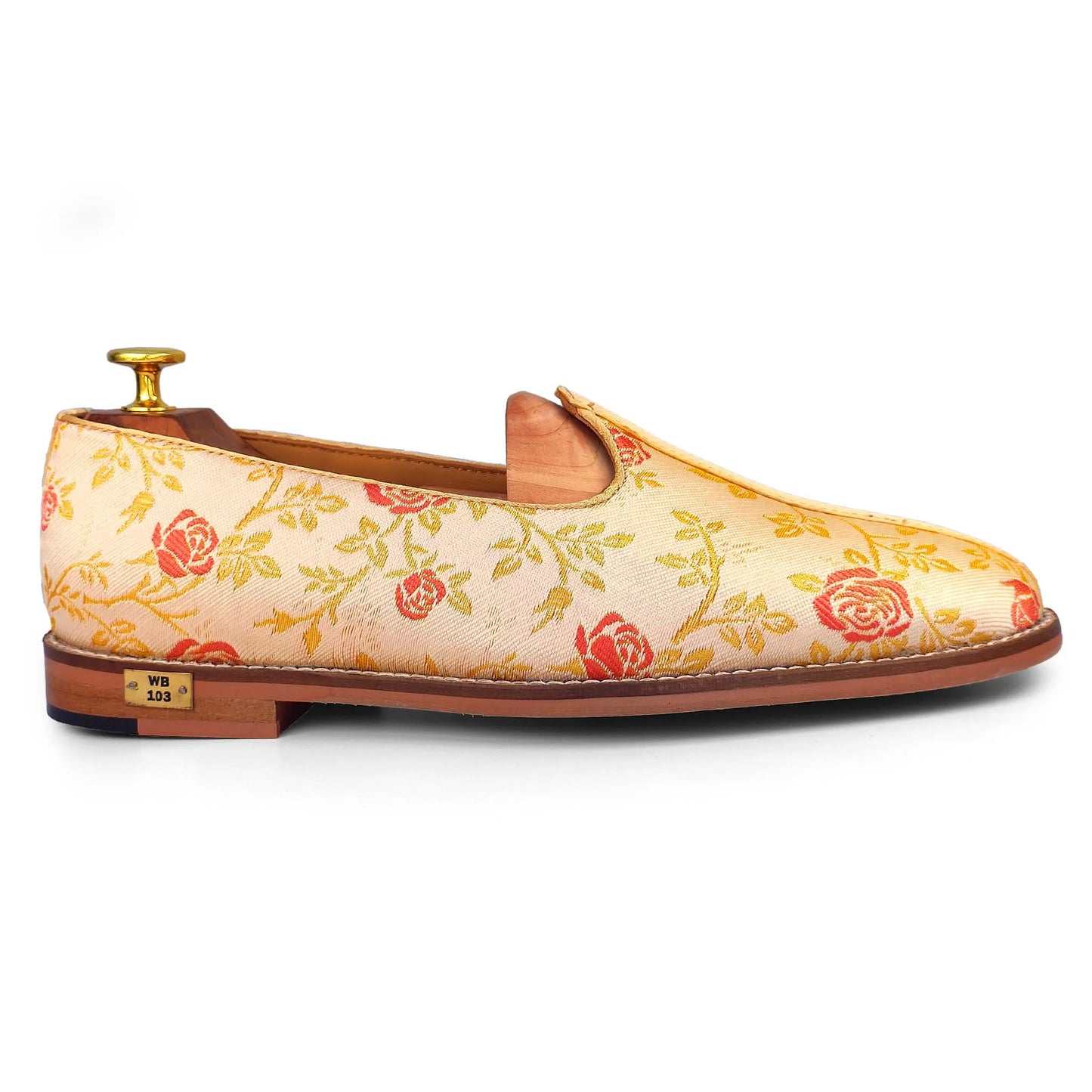 Beige Cherry Rose Wedding Ethnic Shoes Nagra Mojri Loafer for Men