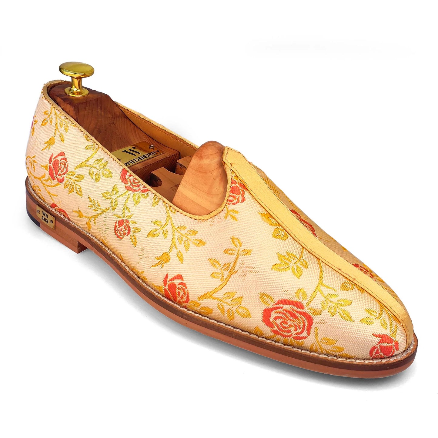 Beige Cherry Rose Wedding Ethnic Shoes Nagra Mojri Loafer for Men