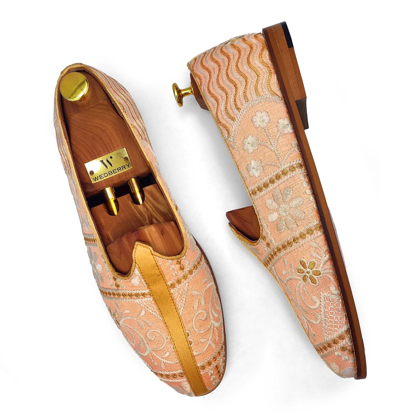 Pink Peach Embroidery Wedding Ethnic Nagra Mojri Loafer for Men