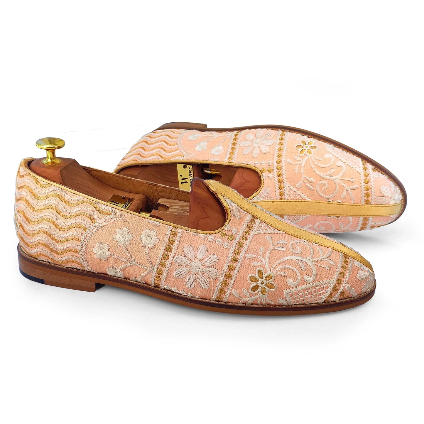 Pink Peach Embroidery Wedding Ethnic Nagra Mojri Loafer for Men