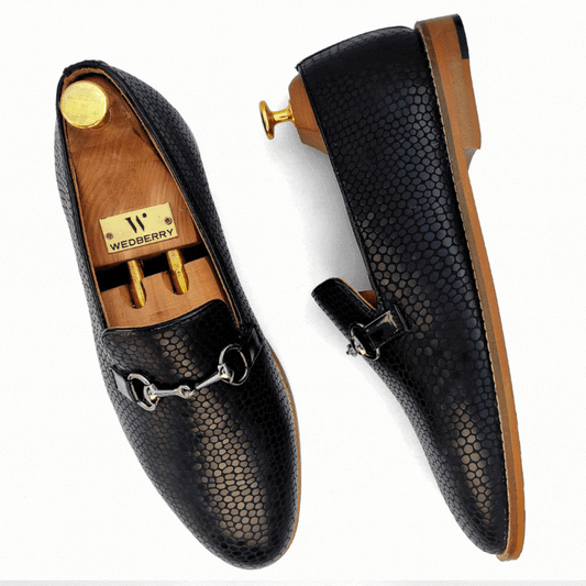 Black Python Duet GUn Metal Buckle Slipon Loafers for Men