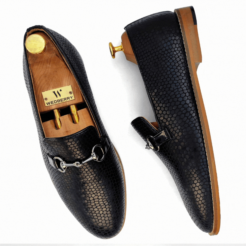 Black Python Duet GUn Metal Buckle Slipon Loafers for Men