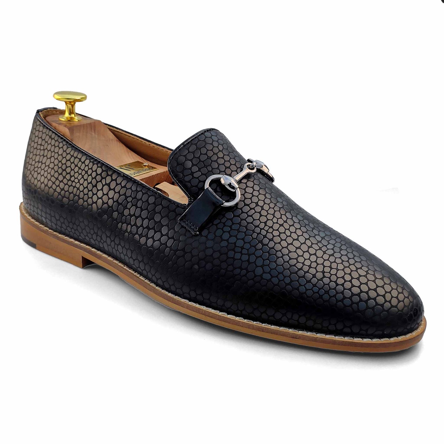 Black Python Duet GUn Metal Buckle Slipon Loafers for Men
