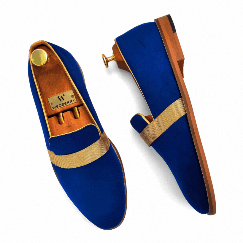 Navy Blue Velvet Hugo Strap Wedding Ethnic Shoes Party Loafers for Men