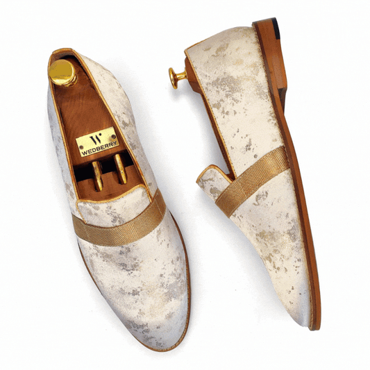 Ivory Golden Foil Hugo Strap Wedding Shoes Ethnic Slipon Loafer for Men