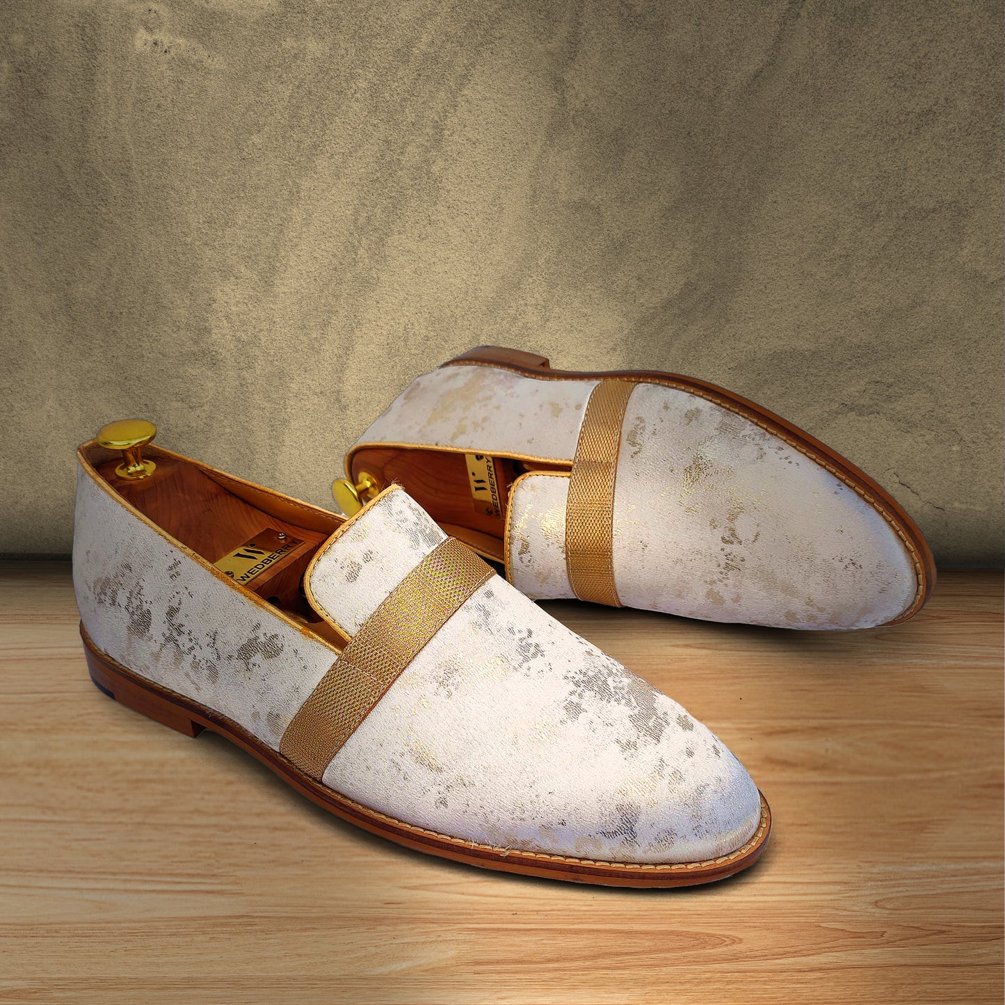 Ivory Golden Foil Hugo Strap Wedding Shoes Ethnic Slipon Loafer for Men