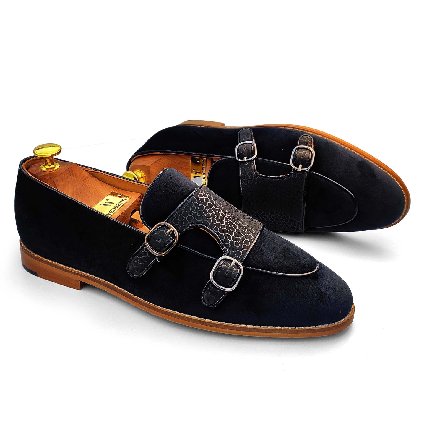 Black Velvet Spidy Double Monk Strap for Men