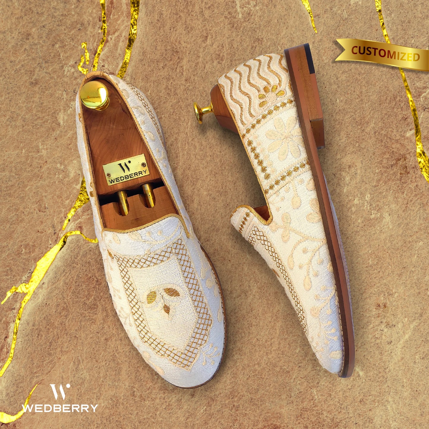 White Gold Embroidery Wedding Ethnic Loafer Mojari Slipon for Men