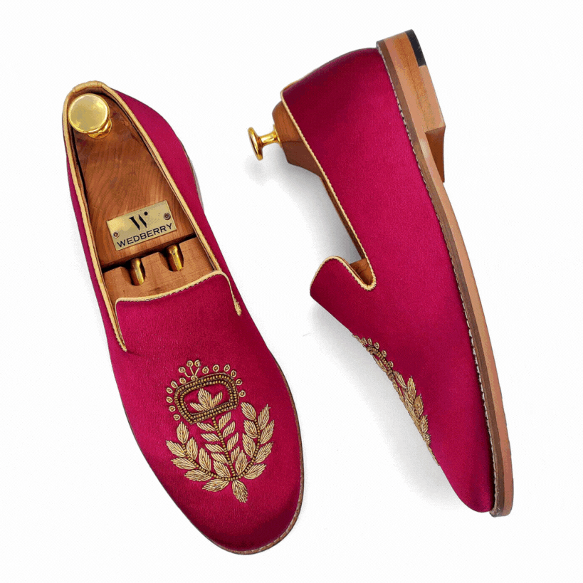 Maroon Golden Zardozi Handwork Wedding Ethnic Shoes Loafers for Men