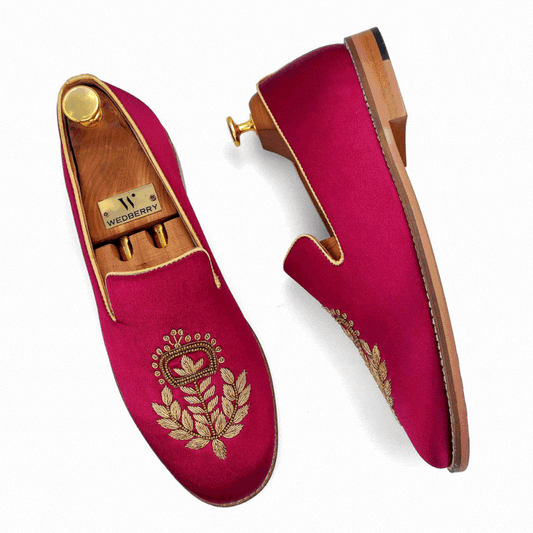 Maroon Golden Zardozi Handwork Wedding Ethnic Shoes Loafers for Men