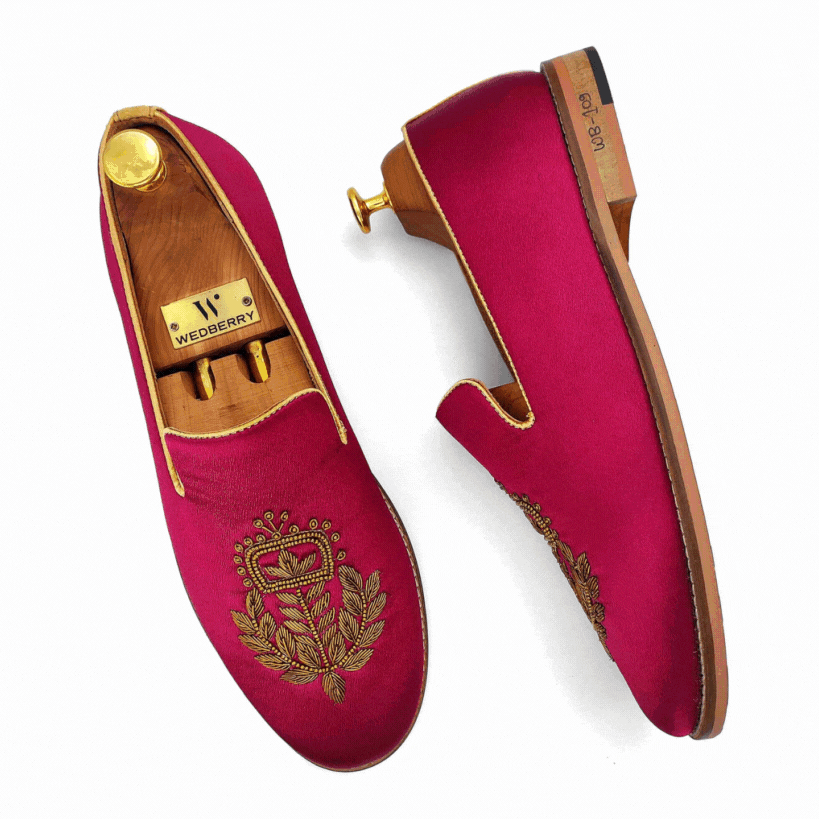 Maroon Antique Gold Zardozi Handwork Wedding Ethnic Shoes Loafers for Men