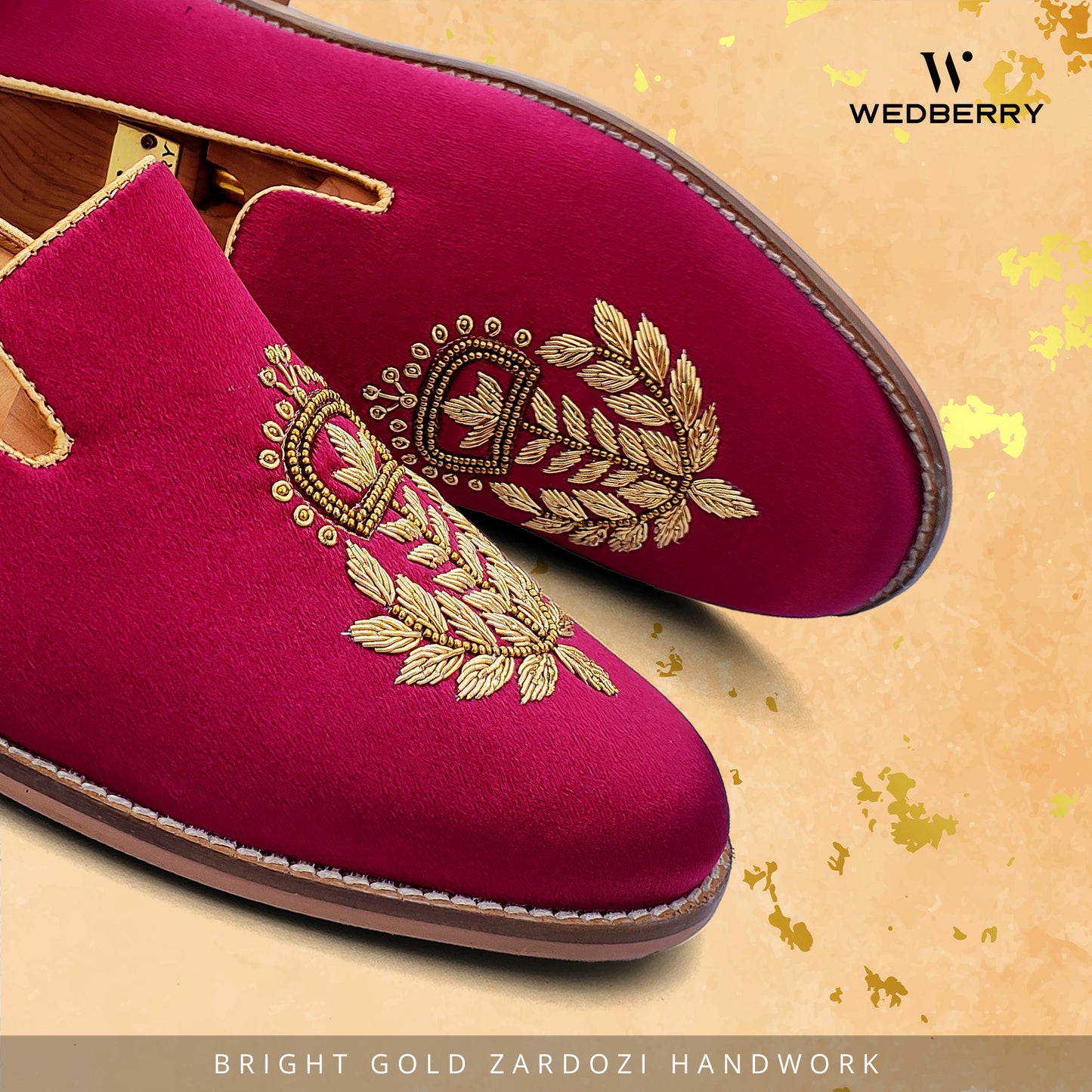 Maroon Golden Zardozi Handwork Wedding Ethnic Shoes Loafers for Men