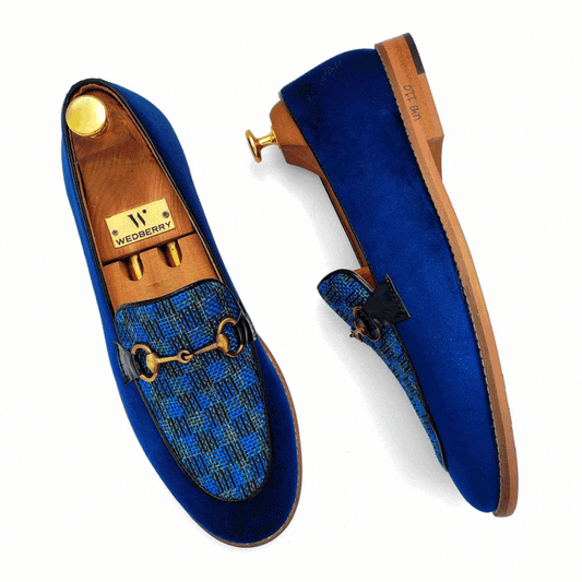 Blue Velvet Jute Checks Hugo Buckle Party Ethnic Loafer Slipon for Men