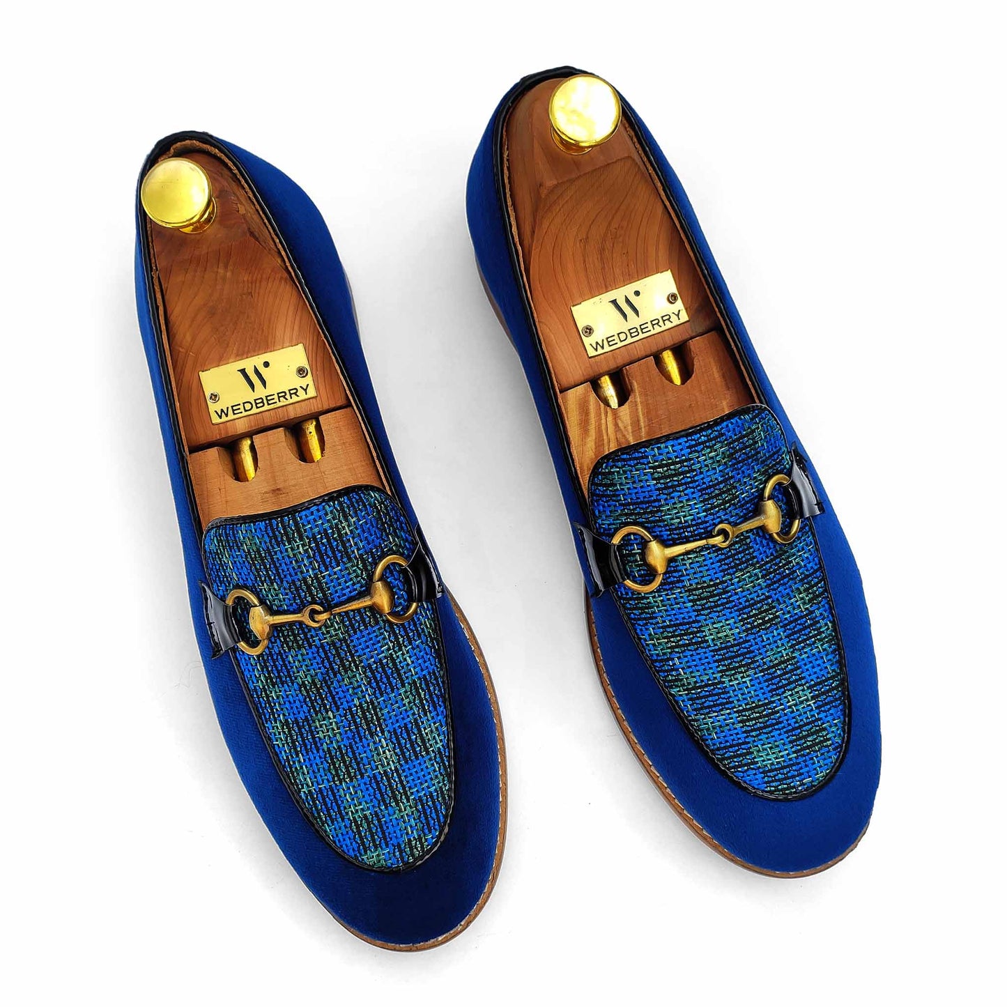 Blue Velvet Jute Checks Hugo Buckle Party Ethnic Loafer Slipon for Men