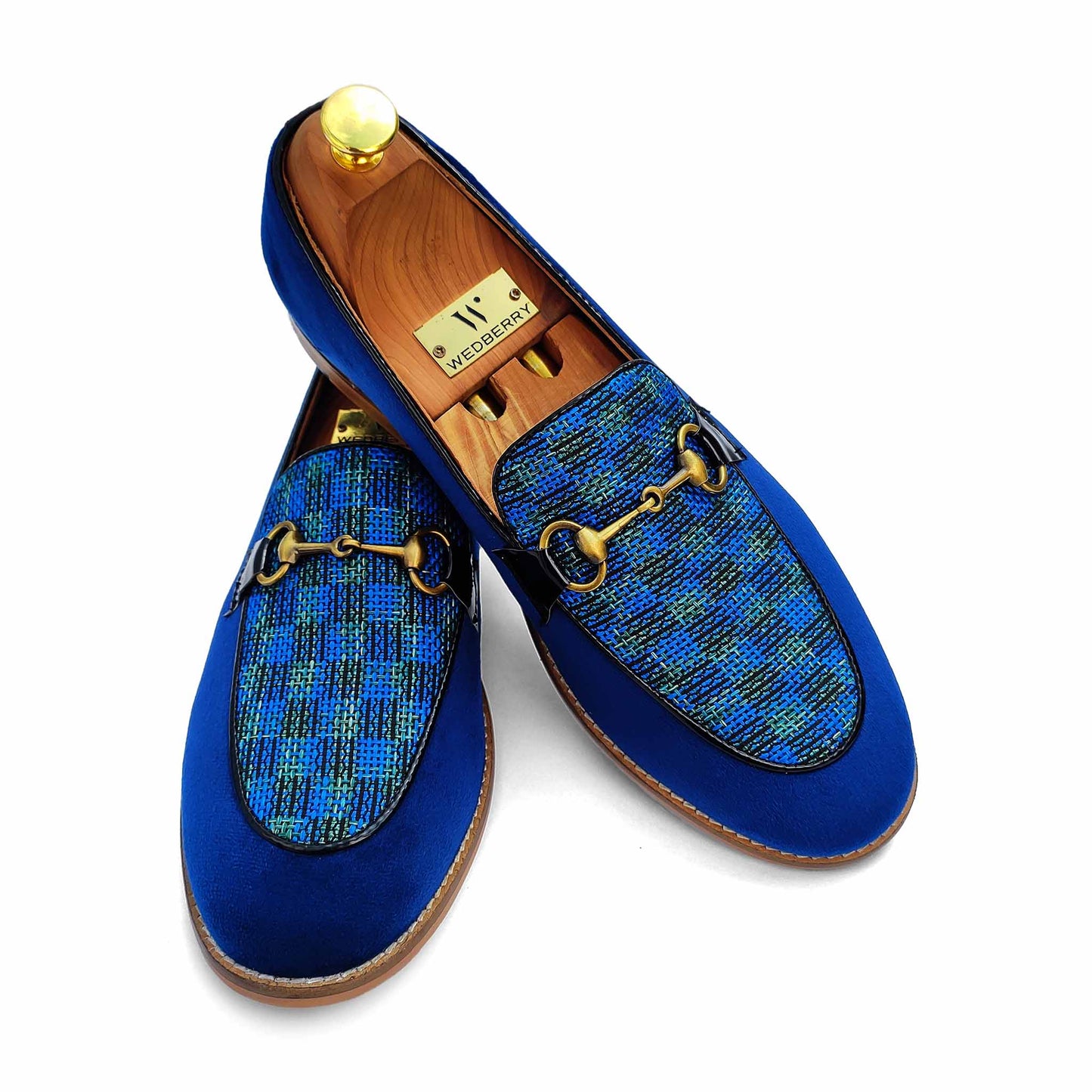 Blue Velvet Jute Checks Hugo Buckle Party Ethnic Loafer Slipon for Men