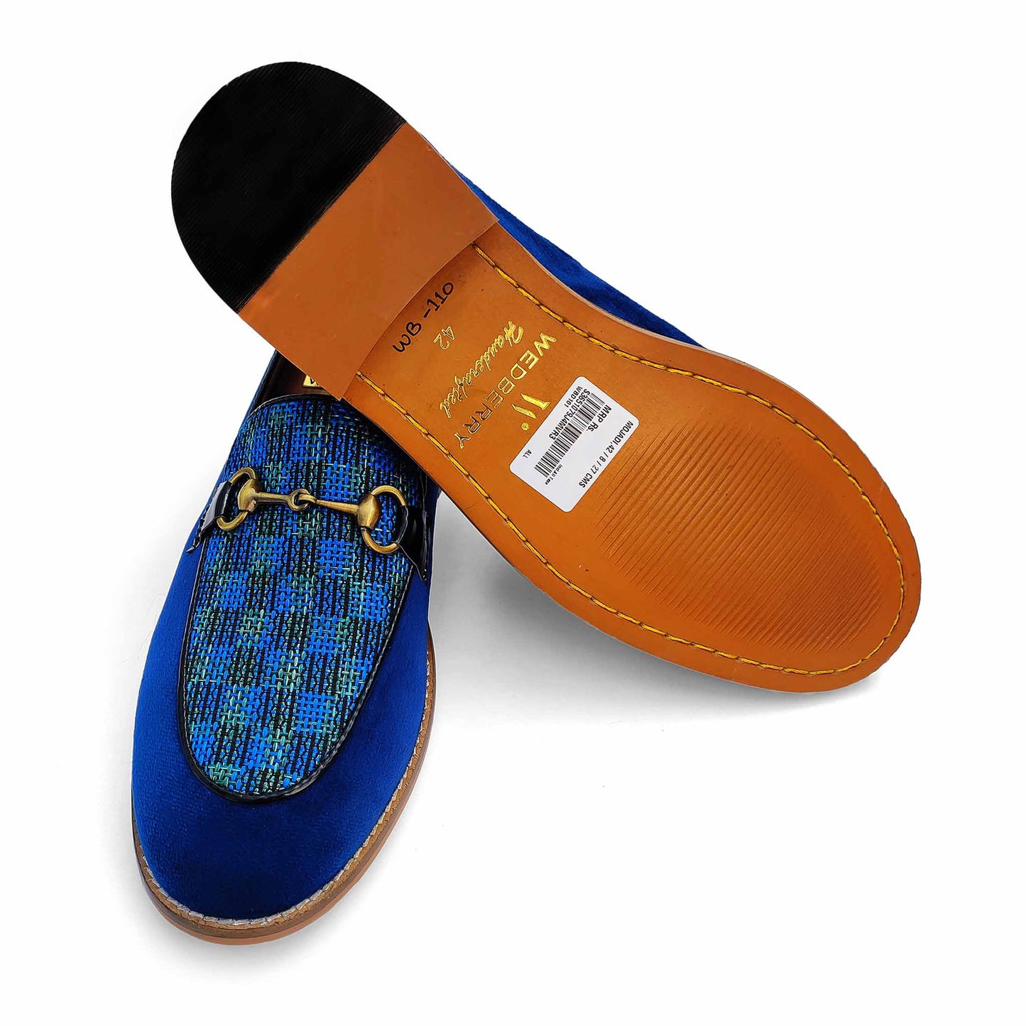 Blue Velvet Jute Checks Hugo Buckle Party Ethnic Loafer Slipon for Men