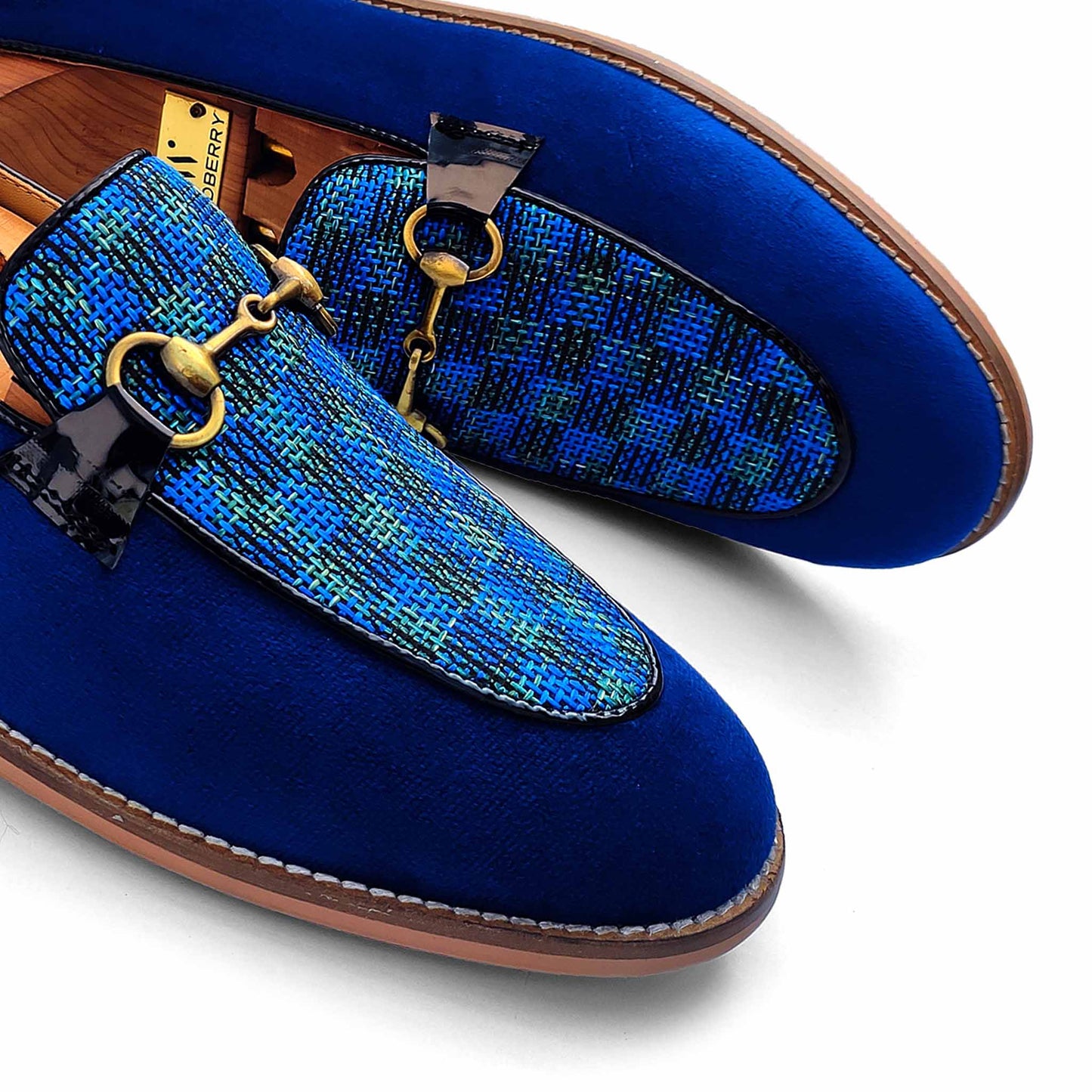 Blue Velvet Jute Checks Hugo Buckle Party Ethnic Loafer Slipon for Men
