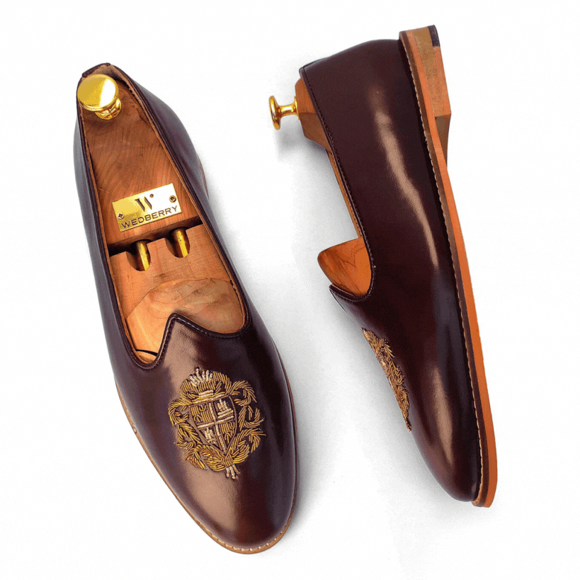 Brown Zardozi Handwork Nagra Slipon Mojri for Men
