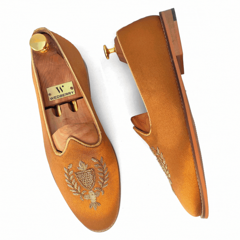 Copper Gold Satin Zardozi Handwork Nagra Slipon Mojri for Men