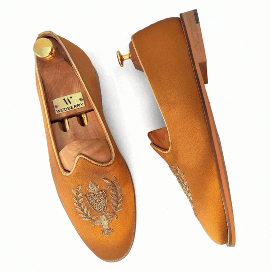 Copper Gold Satin Zardozi Handwork Nagra Slipon Mojri for Men