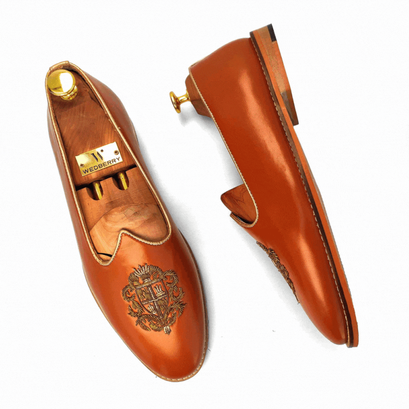 Tan Zardozi Handwork Wedding Ethnic Party Shoes Loafer for Men