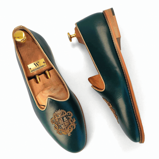 Forest Green Zardozi Handwork Nagra Slipon Mojri for Men