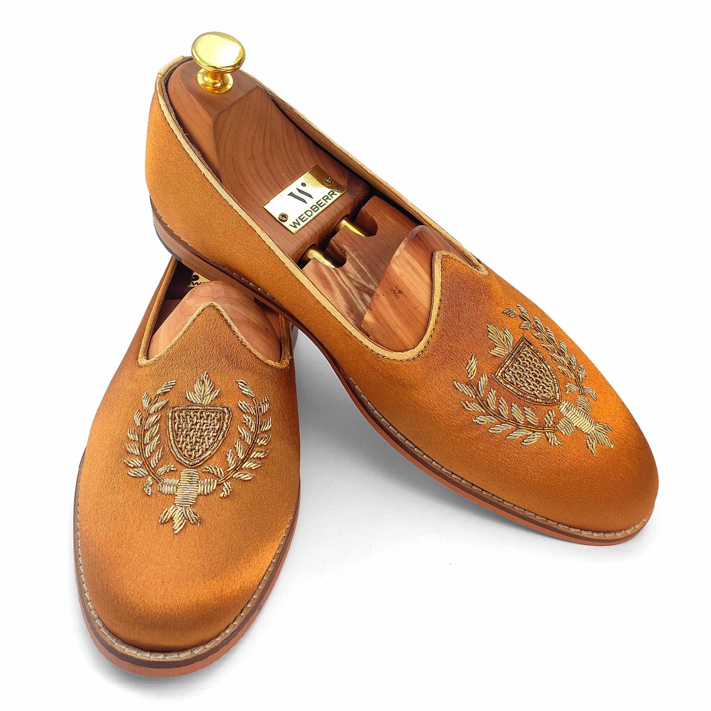 Copper Gold Satin Zardozi Handwork Nagra Slipon Mojri for Men