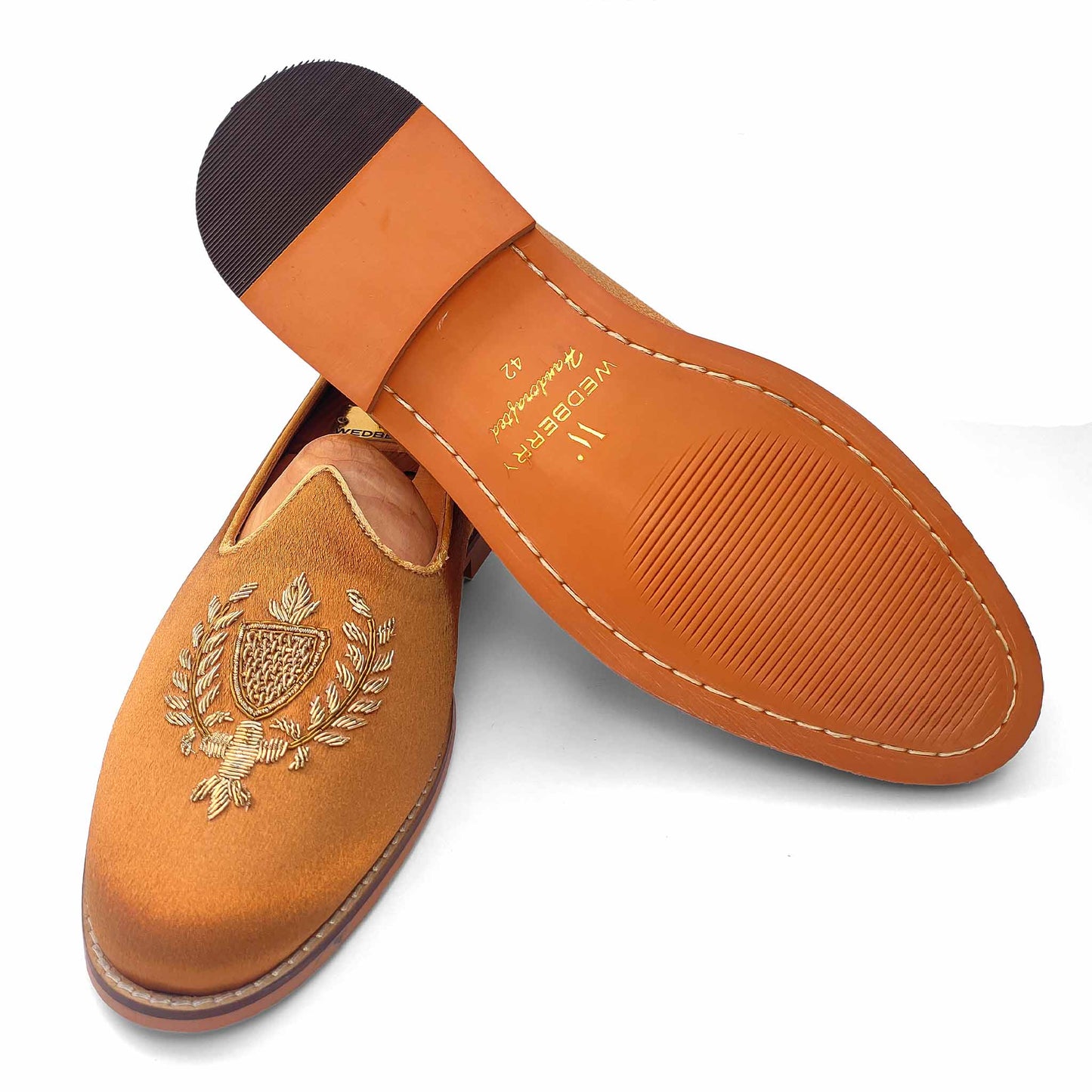 Copper Gold Satin Zardozi Handwork Nagra Slipon Mojri for Men