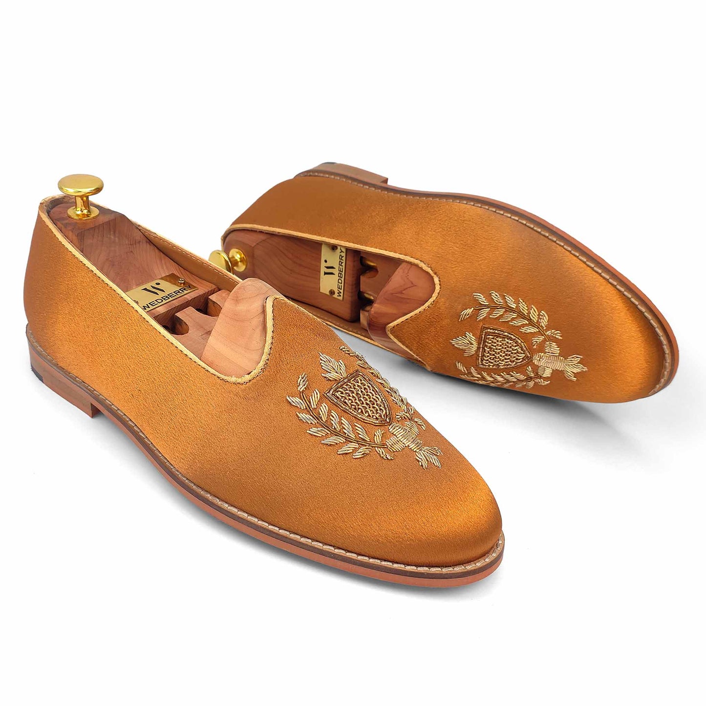 Copper Gold Satin Zardozi Handwork Nagra Slipon Mojri for Men