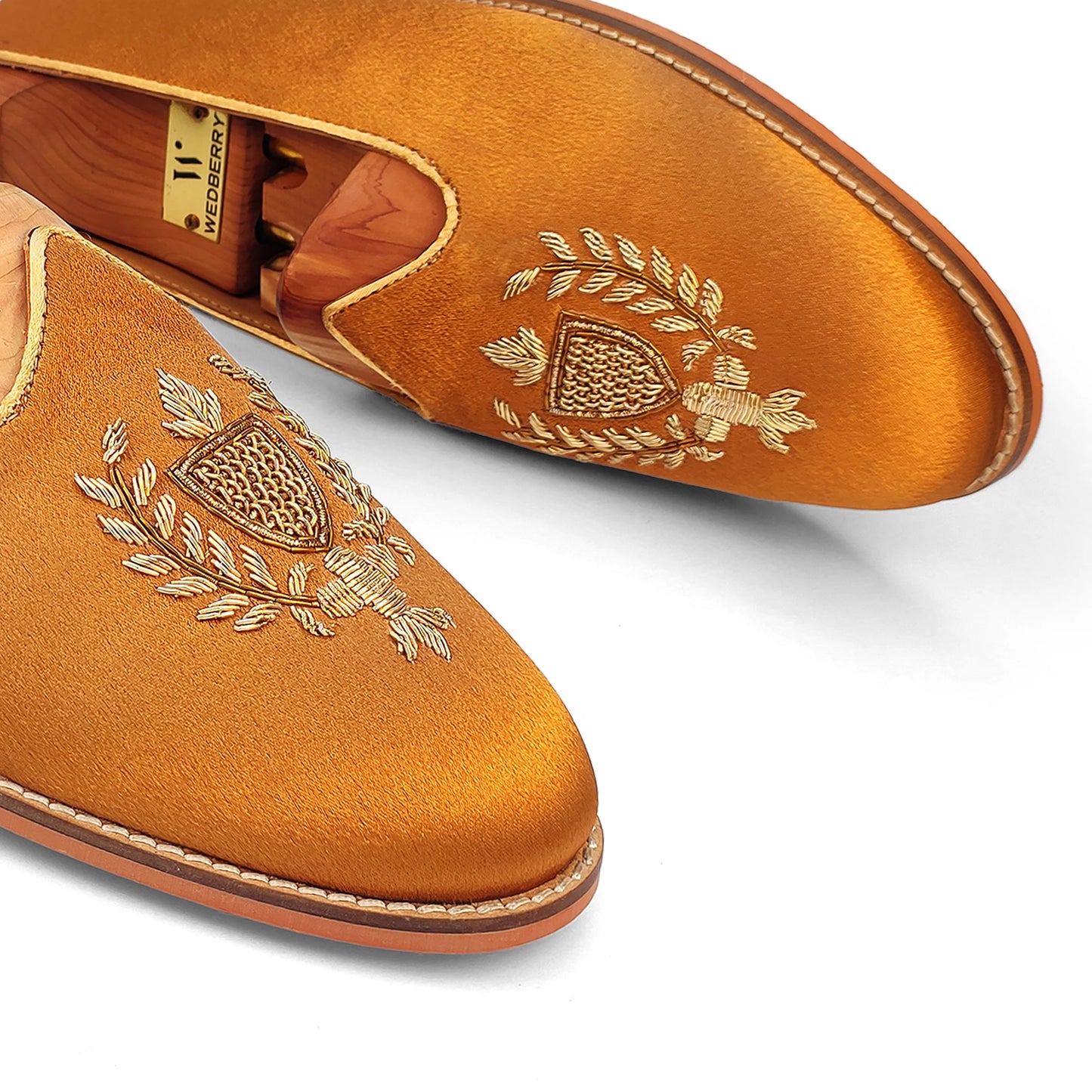 Copper Gold Satin Zardozi Handwork Nagra Slipon Mojri for Men