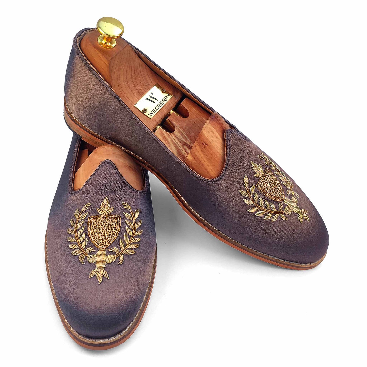 Grey Satin Zardozi Handwork Wedding Shoes Ethnic Loafers Nagra Slipon Mojri for Men