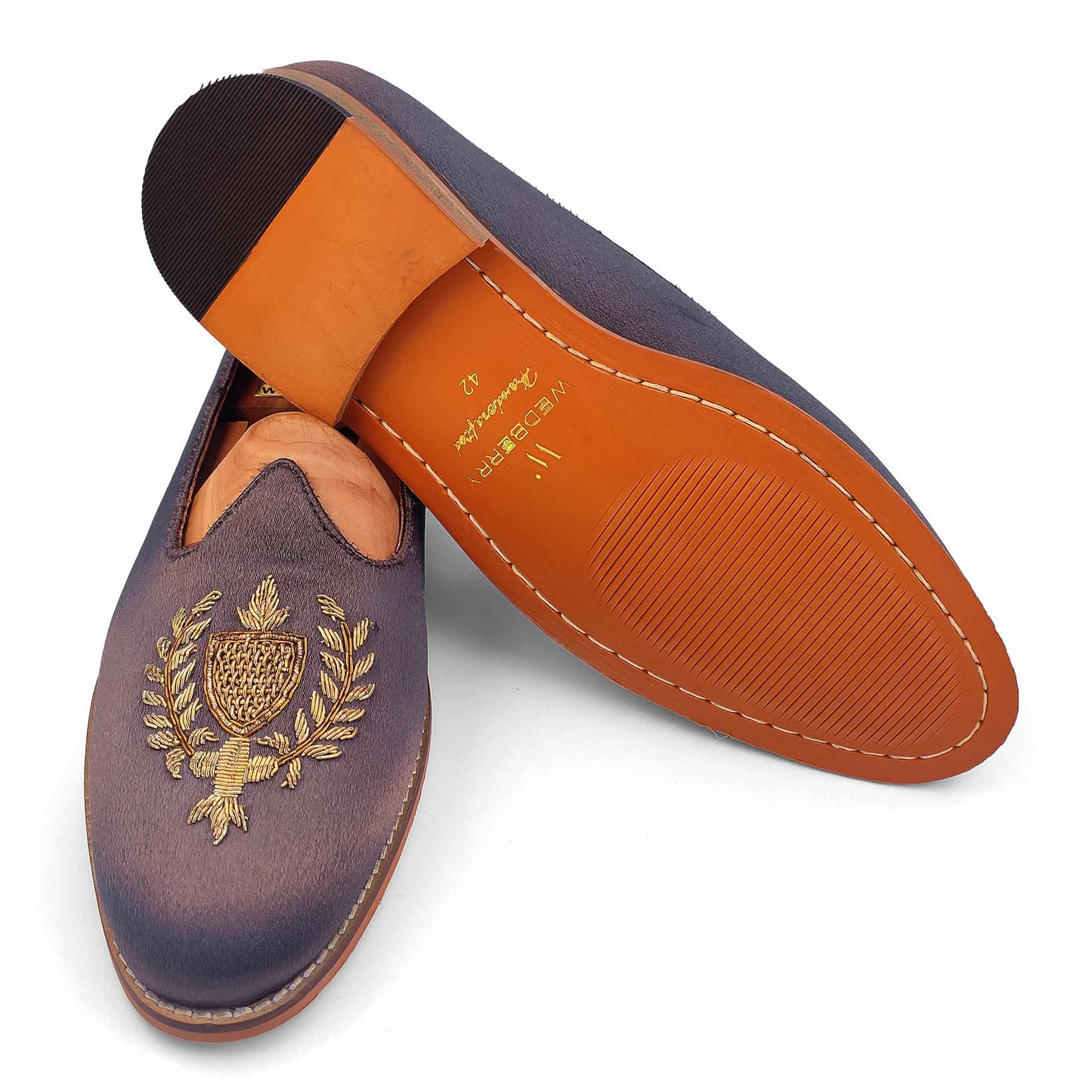 Grey Satin Zardozi Handwork Wedding Shoes Ethnic Loafers Nagra Slipon Mojri for Men