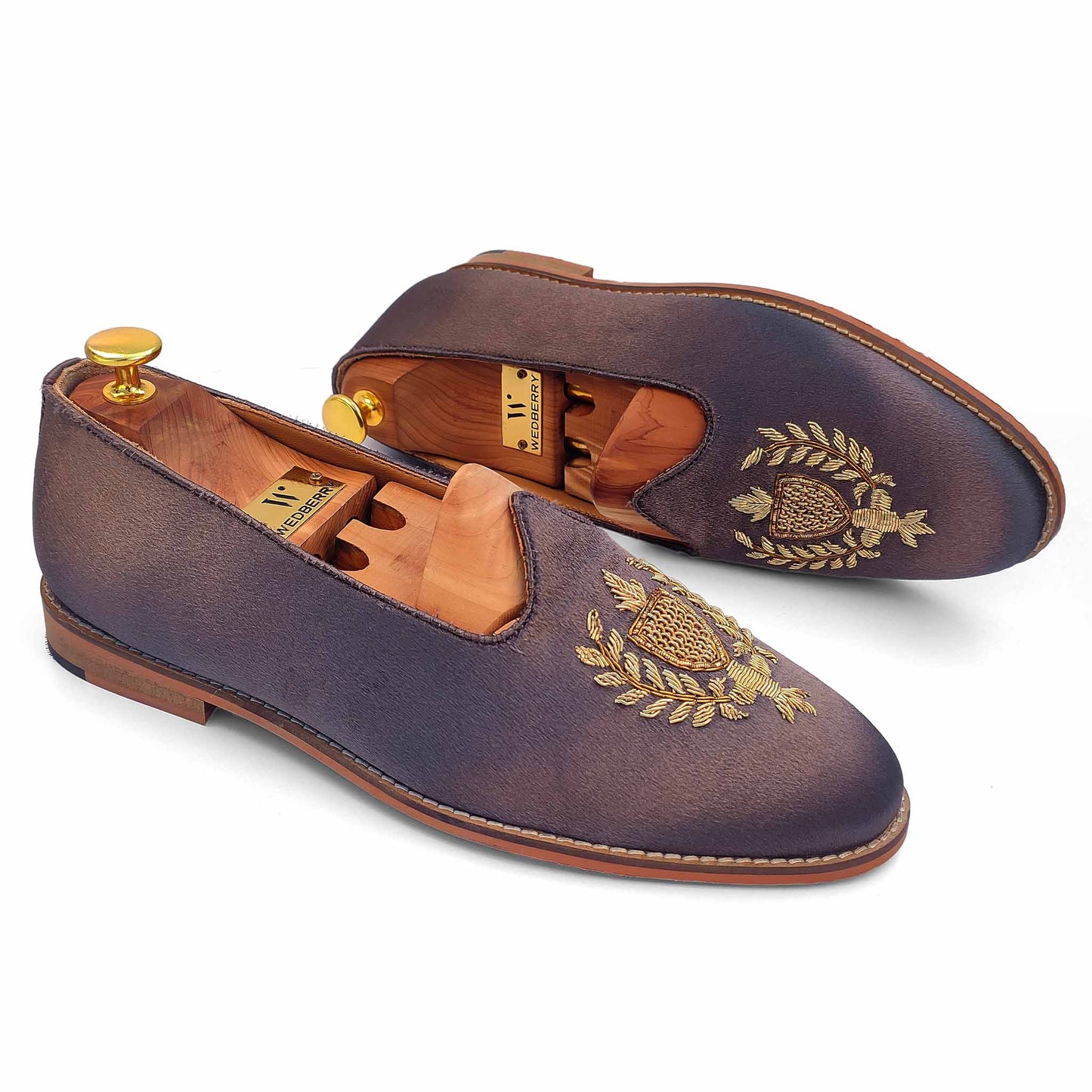 Grey Satin Zardozi Handwork Wedding Shoes Ethnic Loafers Nagra Slipon Mojri for Men