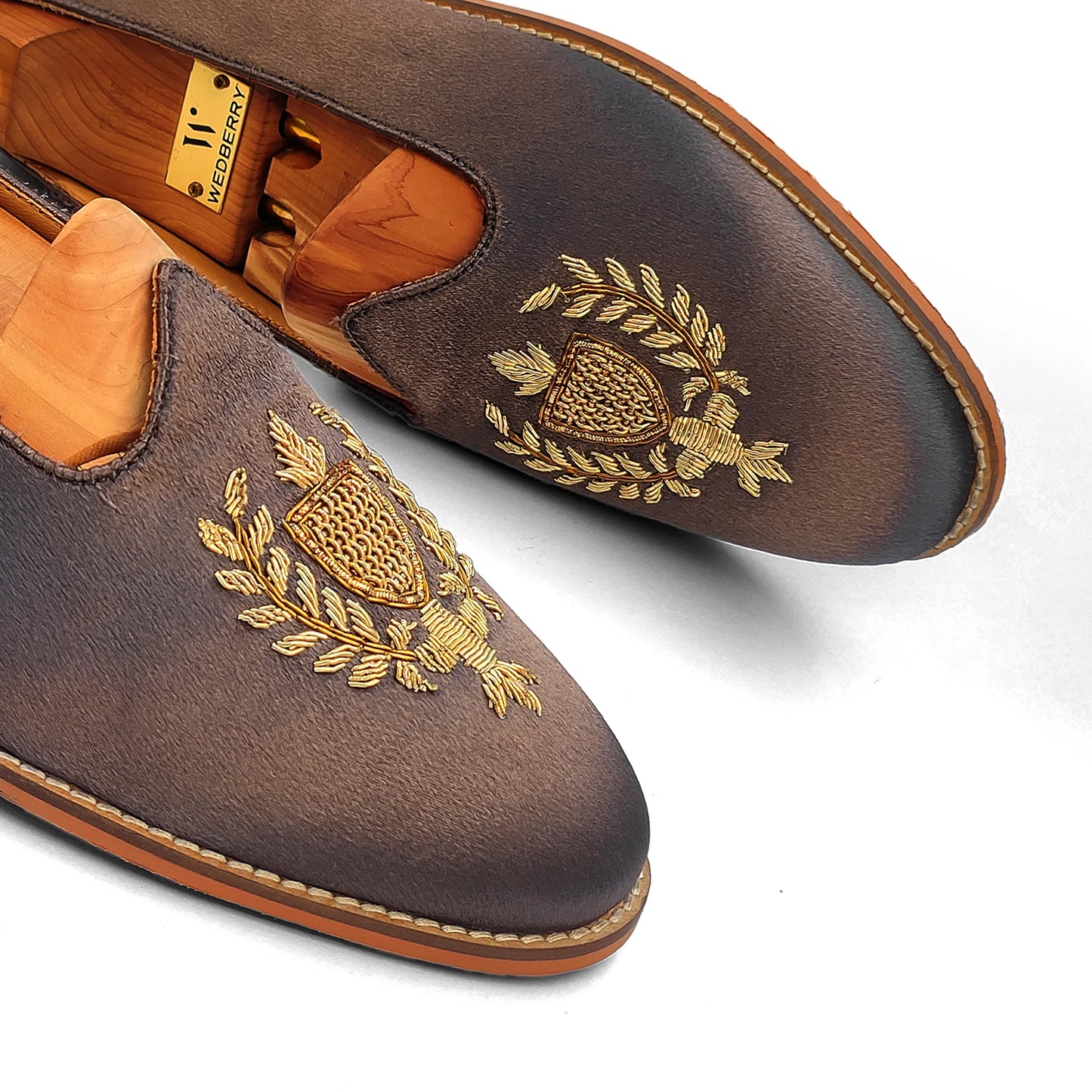 Grey Satin Zardozi Handwork Wedding Shoes Ethnic Loafers Nagra Slipon Mojri for Men