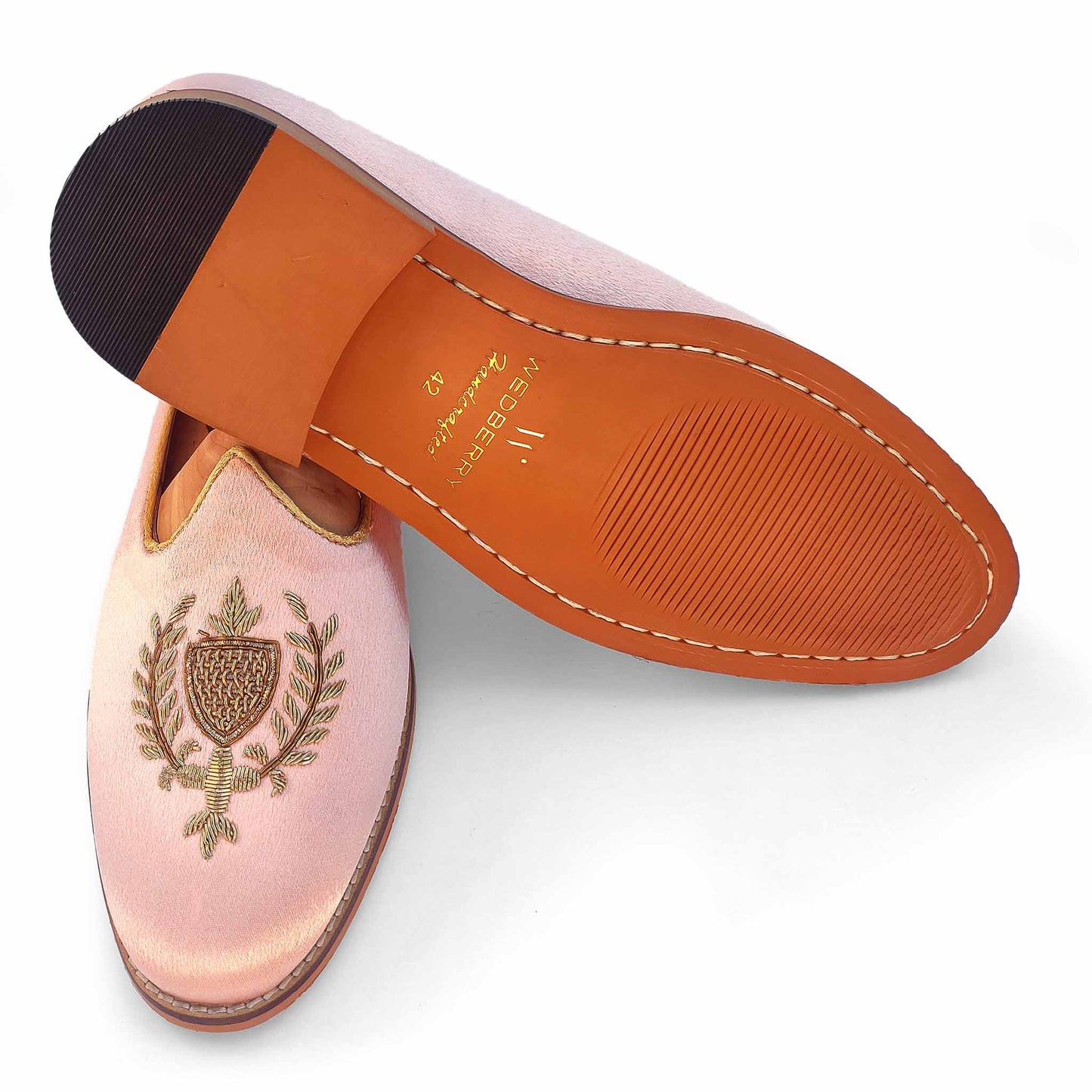 Light Pink Satin Zardozi Handwork Wedding Shoes Ethnic Loafers for Men