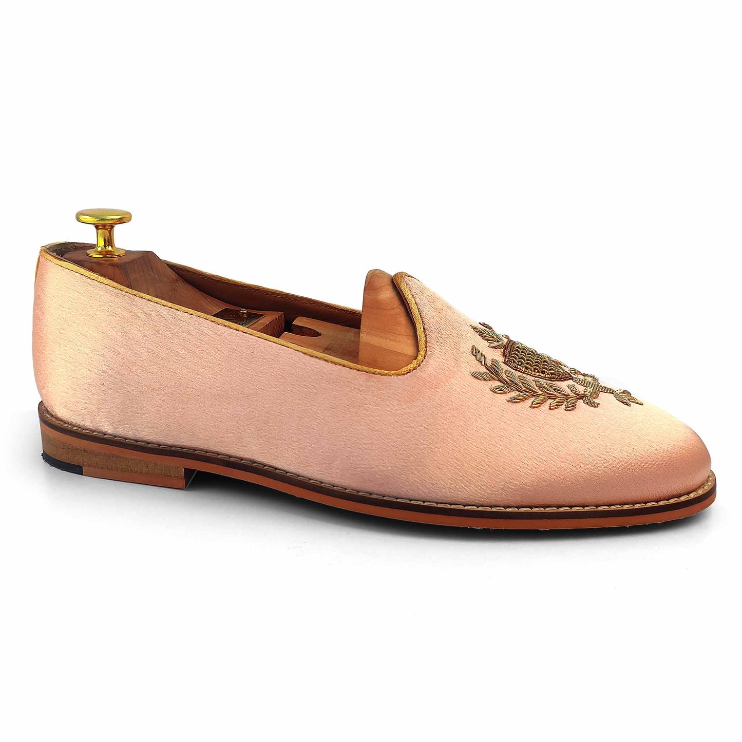 Light Pink Satin Zardozi Handwork Wedding Shoes Ethnic Loafers for Men