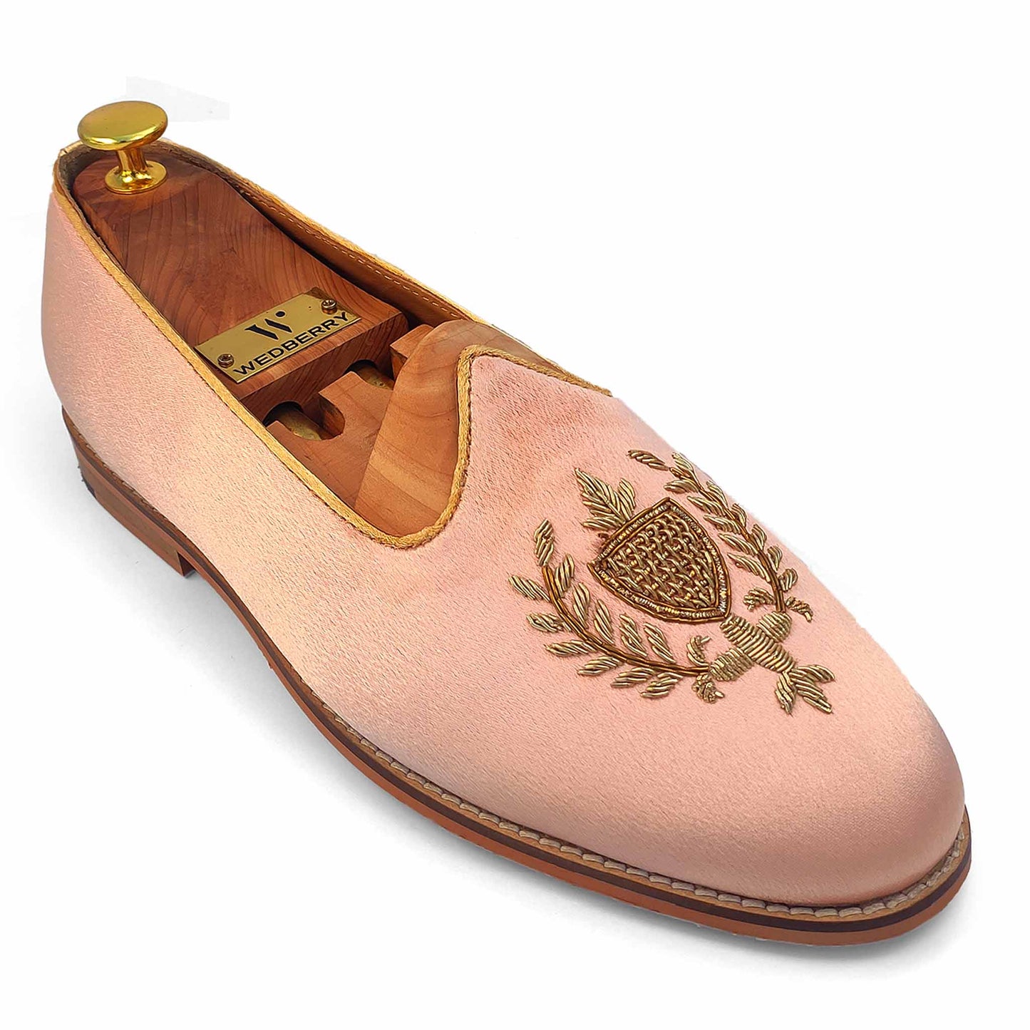 Light Pink Satin Zardozi Handwork Wedding Shoes Ethnic Loafers for Men