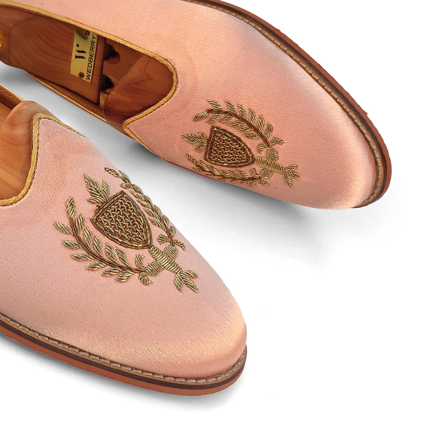 Light Pink Satin Zardozi Handwork Wedding Shoes Ethnic Loafers for Men