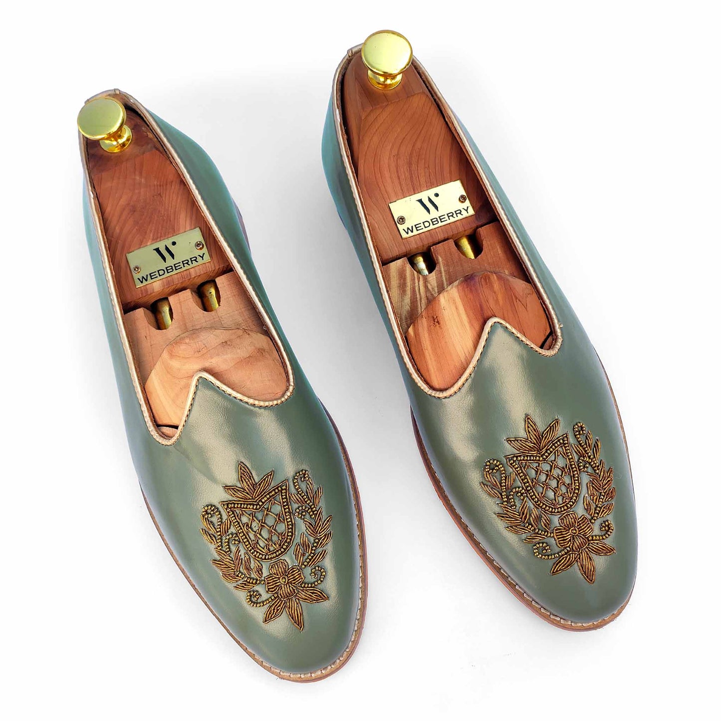 Russian Green Zardozi Handwork Wedding Ethnic Shoes Loafer for Men