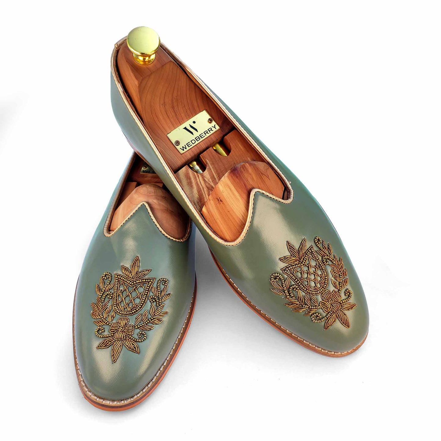 Russian Green Zardozi Handwork Wedding Ethnic Shoes Loafer for Men