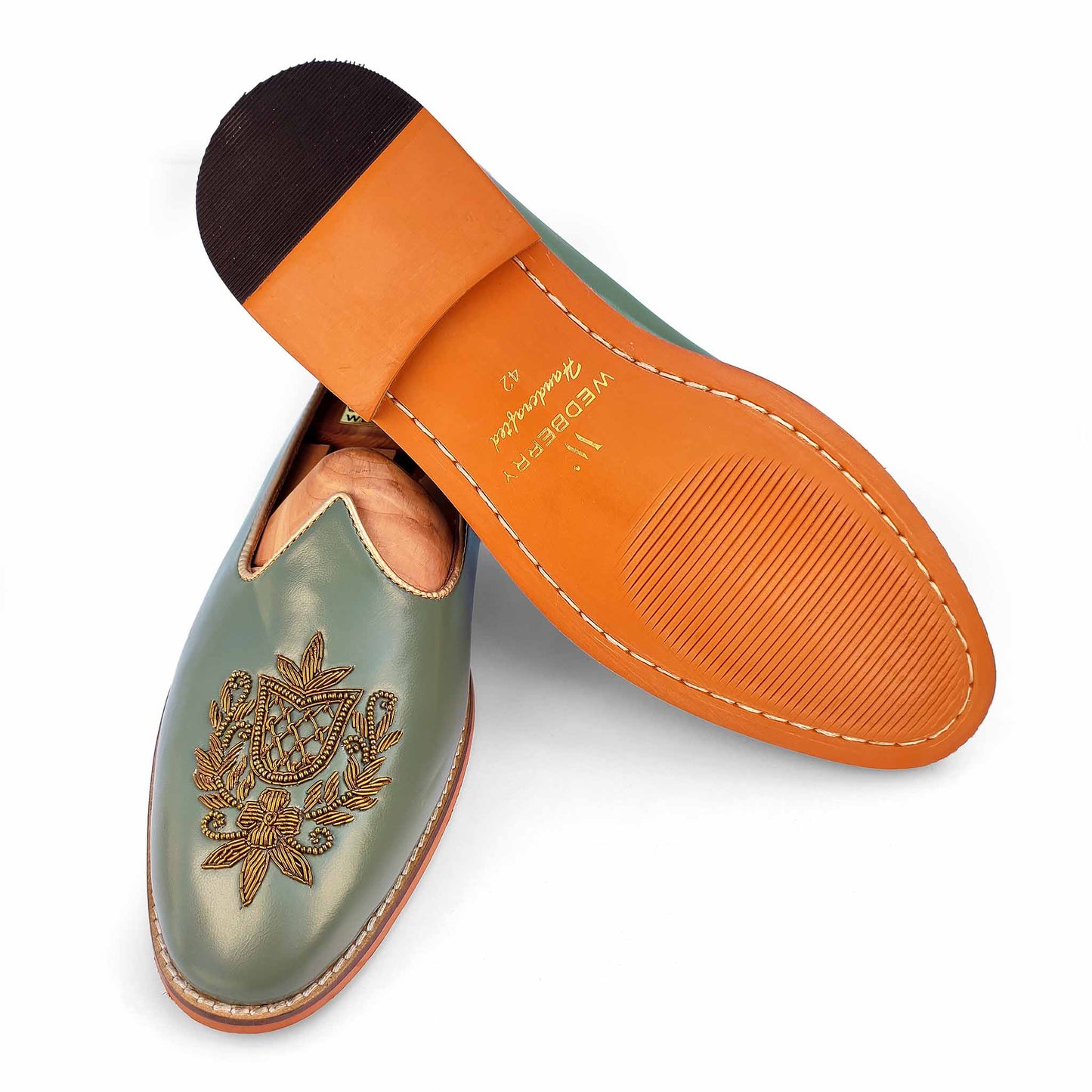 Russian Green Zardozi Handwork Wedding Ethnic Shoes Loafer for Men