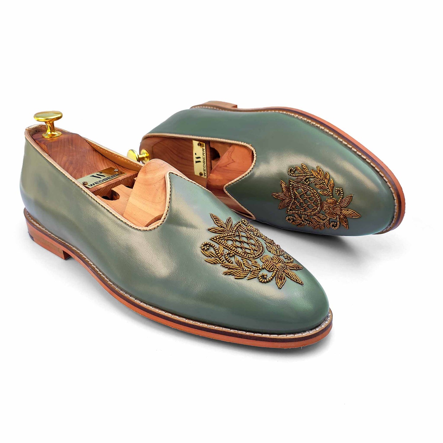 Russian Green Zardozi Handwork Wedding Ethnic Shoes Loafer for Men