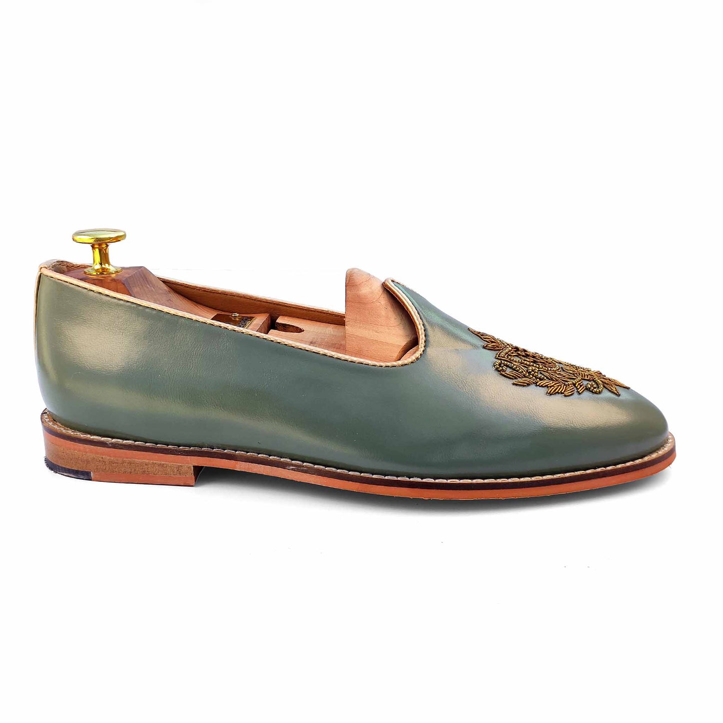 Russian Green Zardozi Handwork Wedding Ethnic Shoes Loafer for Men